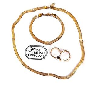 5/$15💥 3-Piece Goldtone Jewelry Set Herringbone Flat Necklace Bracelet Earrings